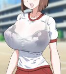  1girl blurry blurry_background blush bra bra_visible_through_clothes bralines breasts brown_hair collarbone commentary_request eyes_out_of_frame flower_bra gym_shirt gym_uniform hagiwara_yukiho head_out_of_frame highres huge_breasts idolmaster idolmaster_(classic) open_mouth outdoors red_shorts school see-through_clothes shirt shirt_tucked_in short_hair short_sleeves shorts solo standing the_end_of_chun undersized_breast_cup underwear white_shirt 