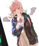  1girl breasts brown_hair collared_shirt commentary_request danganronpa_(series) danganronpa_2:_goodbye_despair flipped_hair hair_ornament hand_up highres hood hood_down jacket korean_commentary long_sleeves looking_at_viewer medium_hair nanami_chiaki neck_ribbon open_clothes open_jacket pink_eyes pink_ribbon reang_i ribbon shirt skirt smile solo white_shirt wings 