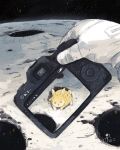  1other animal_focus camera commentary_request crater highres holding holding_camera kazunoko_(kazunoko_zunoco) moon object_focus on_moon original pov pov_hands rabbit signature space spacesuit star_(sky) taking_picture 