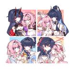  2girls ;o absurdres beret black_dress blue_eyes blue_hair breasts chinese_commentary colored_inner_hair commentary_request corset dreaming-of-flying-free dress elf elysia_(herrscher_of_human:_ego)_(honkai_impact) elysia_(hi_love_elf)_(honkai_impact) elysia_(honkai_impact) elysia_(miss_pink_elf)_(honkai_impact) elysia_(summer_miss_elf)_(honkai_impact) hairband hat highres holding holding_swim_ring honkai_(series) honkai_impact_3rd horns large_breasts long_hair looking_at_another multicolored_hair multiple_girls multiple_views official_alternate_costume one_eye_closed pink_hair pointy_ears purple_eyes purple_hair raiden_mei raiden_mei_(crooning_tides) raiden_mei_(herald_of_dawn) raiden_mei_(herrscher_of_origin) raiden_mei_(herrscher_of_thunder) red_horns smile swim_ring two-tone_hair v very_long_hair white_corset white_hair white_hairband yellow_horns yuri 