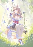  +_+ 1girl absurdres akazaki_emu almond_eye_(umamusume) animal_ears bare_shoulders blue_dress blue_eyes blue_gloves blush bow bow_hairband braid braided_sidelocks breasts brown_hair bug butterfly cleavage closed_mouth collarbone colored_inner_hair commentary_request detached_sleeves dress fingerless_gloves flower gloves hair_between_eyes hair_ornament hairband hairclip highres horse_ears horse_girl horse_tail long_hair long_sleeves multicolored_hair on_swing plant potted_plant red_button shoes sitting smile solo swing symbol-shaped_pupils tail thighhighs umamusume white_hairband white_thighhighs x-shaped_pupils 