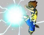  blue_eyes brown_hair inazuma_eleven_(series) inazuma_eleven_go kicking male_focus matsukaze_tenma mujiro raimon raimon_soccer_uniform soccer_uniform solo sportswear 