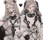  1boy 1girl brown_eyes brown_hair candy commentary eyelashes food freckles heart highres jacket lollipop middle_finger odyk_eee open_clothes open_jacket original polka_dot_necktie simple_background sleep_mask stuffed_animal stuffed_toy symbol-only_commentary teddy_bear upper_body white_background x_x 