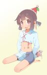  1girl absurdres arm_behind_back avarangers bag barefoot blue_hair blunt_bangs blunt_ends blush brown_eyes brown_hair candy commentary_request cropped_shirt embarrassed food full_body gradient_background hat highres holding holding_bag hozuki_momiji looking_at_viewer medium_hair mini_party_hat multicolored_hair navel onii-chan_wa_oshimai! open_mouth party_hat ponytail red_ribbon ribbon shirt short_ponytail sitting solo star_(symbol) stomach teeth two-tone_hair upper_teeth_only wariza white_shirt yellow_background 