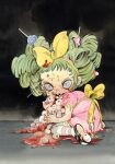  1girl blood blood_on_clothes blood_on_face blue_eyes bow brain candy crazy_eyes dress eyeball food gertrude_(i_hate_fairyland) green_hair guro hair_bow hair_ornament hairband highres horror_(theme) i_hate_fairyland lollipop looking_at_viewer mary_janes pantyhose peach_momoko pink_dress puffy_short_sleeves puffy_sleeves shoes short_sleeves sitting smile solo striped_clothes striped_pantyhose striped_thighhighs thighhighs torn_clothes traditional_media wariza yellow_bow yellow_hairband 