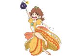  1girl arm_up bomb brown_hair crown dress earrings energetic flower_earrings frilled_dress frills gloves high_heels jewelry legs mario_(series) nintendo open_mouth princess_daisy puffy_short_sleeves puffy_sleeves sassy short_hair short_sleeves smile super_mario_bros. super_mario_land super_smash_bros. tomboy yellow_dress 