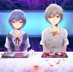  1girl ayanami_rei bad_id bad_pixiv_id blood blue_hair candle cup feathers kiina light_smile nagisa_kaworu neon_genesis_evangelion nerv pill red_eyes school_uniform short_hair silver_hair tray 