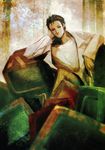  absurdres between_fingers black_hair blurry broken cable closed_mouth coat crack crossed_legs facial_hair frown hair_slicked_back hand_on_own_face head_rest highres holding huke jitome junk labcoat long_sleeves looking_at_viewer male_focus messy_hair official_art okabe_rintarou sanpaku screwdriver sitting solo steins;gate stubble tape television 