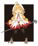  37193719_(pixiv3145937) black_legwear black_thighhighs blonde_hair boots female final_fantasy final_fantasy_tactics gloves hood long_hair open_mouth robe solo staff thighhighs white_mage white_mage_(fft) yellow_eyes 