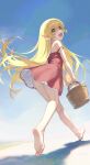  1girl :d ass bare_arms bare_legs bare_shoulders barefoot basket blonde_hair blue_sky blush_stickers commentary_request convenient_censoring day dress dress_flip falling_star fang feet flipped_hair floating_hair from_below from_side full_body hair_between_eyes hair_flaps halterneck happy highres holding holding_basket kneepits long_hair looking_at_viewer monogatari_(series) observerz open_mouth oshino_shinobu outdoors petticoat pointy_ears red_dress ringed_eyes shadow shooting_star short_dress sidelocks signature sky sleeveless sleeveless_dress smile soles solo star_(sky) strap_slip sundress toes v_arms very_long_hair walking yellow_eyes 