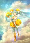  absurdres aqua_hair bad_id bad_pixiv_id blue_eyes cloud green_legwear hatsune_miku headset highres long_hair midriff pantyhose pom_poms skirt sky solo star sui_(petit_comet) twintails very_long_hair vocaloid 