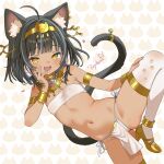  1girl ahoge ancient_egyptian ancient_egyptian_clothes animal_ears anklet armlet black_hair blue_streaks bracelet breasts brown_egyptian_cat-eared_loli_(trend) cat_ears cat_tail commentary_request dark-skinned_female dark_skin earrings fang gold_anklet gold_armlet gold_bracelet gold_collar gold_hairband gold_jewelry hairband highres jewelry leg_lift looking_at_viewer multicolored_hair navel open_mouth original panties pelvic_curtain po_yo_ta_ma short_hair side-tie_panties skin_fang small_breasts smile solo strapless streaked_hair tail tail_ornament tail_ring thighhighs tube_top two-tone_hair underwear usekh_collar white_loincloth white_panties white_pelvic_curtain white_thighhighs yellow_eyes 