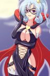  aokura_shou arsene blue_hair breasts cape cleavage crown elbow_gloves gloves henriette_mystere highres large_breasts mask navel purple_hair smile solo tantei_opera_milky_holmes thighhighs 