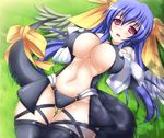  arc_system_works blue_hair blush breasts cleavage dizzy grass guilty_gear large_breasts long_hair lying mikan_(5555) red_eyes solo tail wings 