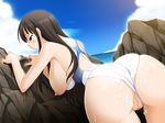  1girl arched_back ass beach bent_over bikini blue_sky blush breasts brown_hair censored cleavage cloud clouds cum cum_on_ass cum_on_body cum_on_lower_body game_cg hanging_breasts holding_on koi_to_mizugi_to_taiyo_to large_breasts long_hair looking_back maejima_aya naked nipples nude one-piece_swimsuit open_mouth outdoors outside pov pussy red_eyes rock rocks sky sweat swimsuit swimsuit_aside vagina water white_bikini 
