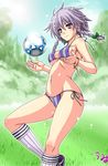  ball bikini bracelet braid breasts grass grey_hair hair_between_eyes highres izayoi_sakuya jewelry kneehighs medium_breasts midriff navel panties playing_sports purple_eyes side-tie_panties sideboob soccer soccer_ball solo sport swimsuit touhou twin_braids umyonge_(lkakeu) underboob underwear 