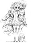  bow cape choker dress greyscale hair_bow hair_ornament hairclip high_heels kaname_madoka katzeh kneehighs mahou_shoujo_madoka_magica miki_sayaka monochrome multiple_girls shoes short_hair simple_background sketch smile thighhighs twintails 