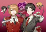  2boys axis_powers_hetalia bat_wings black_gloves black_hair black_pants black_suit blonde_hair bouquet bulgaria_(hetalia) bulgarian_flag chibi chibi_inset english_text fang flower gloves gold_buttons green_eyes hand_on_own_hip hat hat_ribbon highres kaminai404 looking_at_viewer mini_hat multiple_boys necktie one_eye_closed pants pink_background pointing pointing_at_self red_eyes red_flower red_rose red_suit ribbon romania_(hetalia) romanian_flag rose simple_background smile standing suit upper_body white_gloves wings 