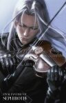  1boy black_coat black_gloves character_name closed_eyes closed_mouth coat commission copyright_name earrings final_fantasy final_fantasy_vii floating_hair gloves gradient_background grey_hair hashtag-only_commentary highres holding holding_instrument holding_violin instrument jewelry koucha_(pixiv_id_5871375) lips long_hair male_focus music parted_bangs playing_instrument sephiroth solo upper_body vgen_commission violin 