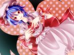  ascot bad_id bad_pixiv_id blue_hair dress hat highres looking_at_viewer polka_dot polka_dot_background red_eyes remilia_scarlet ribbon s-syogo sash smile solo touhou wings wrist_cuffs 