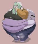 2025 accessory antennae_(anatomy) antennae_band anthro armband armwear barefoot belly belly_overhang belly_rolls big_belly biped bottomwear breasts bridal_gauntlets burger clothed clothing deep_navel denim denim_bottomwear denim_clothing digital_drawing_(artwork) digital_media_(artwork) eating eating_food elbow_gloves fan_character featureless_feet feet female food full-length_portrait furgonomics generation_6_pokemon gloves goodra green_eyes green_hair hair hand_on_belly hand_on_own_belly handwear hi_res holding_burger holding_food holding_object huge_belly jeans love_handles morbidly_obese morbidly_obese_anthro morbidly_obese_female navel navel_pendant navel_piercing nintendo obese obese_anthro obese_female overweight overweight_anthro overweight_female pants piercing pokemon pokemon_(species) pokemorph portrait purple_body shirt simple_background solo standing tail tail_accessory tailband tan_background tank_top tape_measure three-quarter_view tongxuemian topwear torn_bottomwear torn_clothing torn_jeans torn_pants unbuttoned_pants undersized_bottomwear undersized_clothing undersized_topwear wardrobe_malfunction