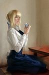  ahoge artist_request artoria_pendragon_(all) blonde_hair blue_eyes cup derivative_work fate/stay_night fate_(series) hair_ribbon pantyhose photorealistic pillow realistic ribbon saber seiza sitting solo source_request table 