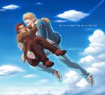  antonio_lopez blonde_hair blue_jacket bomber_jacket brown_hair carrying chest_hair closed_eyes cloud dark_skin dark_skinned_male day denim english flying glowing highres jacket jeans keith_goodman lunarclinic male_focus multiple_boys pants princess_carry shoes sky sneakers tiger_&amp;_bunny v-neck 