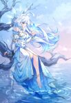  1girl absurdres ahoge alternate_costume anklet artist_name bare_shoulders barefoot blue_butterfly blue_eyes blue_hair branch breasts bug butterfly chinese_commentary commentary_request crystalfly_(genshin_impact) detached_sleeves dress focalors_(genshin_impact) full_body genshin_impact highres jewelry lake long_hair multicolored_hair reflection ripples sitting smile soaking_feet solo tree water white_dress white_hair zhishi_xianshuiya 