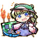  blue_eyes blush_stickers chibi creeper crossover detached_sleeves fire green_hair hair_tubes helmet kochiya_sanae minecraft no_nose okome_(kome_kuma) open_mouth pickaxe rana_(minecraft) sparkle torch touhou translated 