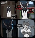 2026 4_panel_comic 5_fingers anthro artist_name bat big_ears biped black_clothing black_nose black_shirt black_topwear blurred_background blurred_foreground bottomwear brown_bottomwear brown_clothing brown_pants building cain_(suitedwolfie) canid canine canis clothing cloud cloudy_sky collared_shirt comic crossed_arms dialogue digital_drawing_(artwork) digital_media_(artwork) door doorway dramatic_lighting dress_shirt duo electricity ellipsis english_text eye_bags eye_contact eyebrow_through_hair eyebrows eyelashes eyelashes_through_hair eyewear fangs fingers five_o'clock_shadow fur glasses gold_(metal) gold_button_(fastener) gold_glasses grass grey_body grey_fur grey_hair grey_inner_ear_fluff grey_text hair hands_behind_back hi_res house humanoid_hands humor inner_ear_fluff k_(suitedwolfie) knocking knocking_on_door lightning lightning_bolt looking_at_another looking_at_viewer male mammal multicolored_body multicolored_fur muttering necktie northwestern_wolf onomatopoeia open_door open_mouth pants pavement piercing pink_eyes pink_inner_ear pink_sclera plant pupils red_text road shaded shirt shirt_pocket shrub sky slit_pupils smug smug_grin snout sound_effects speech_bubble standing suit suitedwolfie teeth text tongue topwear translucent translucent_hair tree tuft two_tone_body two_tone_fur upset watermark wearing_glasses white_clothing white_eyes white_necktie white_sclera white_shirt white_suit white_text white_topwear window wingless_bat wolf worried