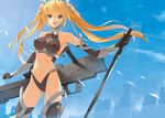  :d armpits bare_shoulders black_legwear blonde_hair blue_eyes blue_sky breasts cloud crop_top day elbow_gloves gloves gun hair_ribbon halter_top halterneck highleg long_hair looking_at_viewer mecha_musume medium_breasts midriff navel open_mouth original prime ribbon robot_ears sky smile solo sword thighhighs twintails weapon 