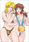  2girls ball bikini blonde_hair blue_eyes breasts brown_hair dead_or_alive hitomi hitomi_(doa) large_breasts multiple_girls rudoni sling_bikini smile swimsuit tecmo tina_armstrong yuri 