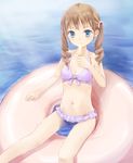  bikini blue_eyes breasts brown_hair cleavage coop_(coupon123) drill_hair female highres innertube long_hair navel original popsicle sitting solo swimsuit twin_drills water 