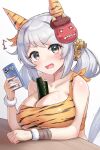  1girl animal_ears animal_print bandeau bare_shoulders between_breasts blush breasts brown_eyes cellphone cleavage collarbone commentary_request ear_covers eating food grey_hair hair_ornament hair_scrunchie highres hishi_miracle_(umamusume) holding holding_phone horse_ears horse_girl horse_tail large_breasts long_hair looking_at_viewer makizushi mask mask_on_head oni oni_mask open_mouth phone saliva saliva_trail scrunchie shinonome_(shinonome_rynn) solo sushi tail tiger_print twintails umamusume 