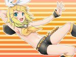 armpits blonde_hair blue_eyes censored convenient_censoring detached_collar hair_ornament hair_ribbon hairclip headphones kagamine_rin mameshiba navel open_mouth ribbon shorts smile solo striped striped_background topless vocaloid 