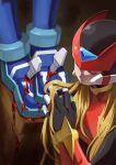  2boys armor blonde_hair blood copy_x_(mega_man) forehead_jewel helmet highres long_hair mega_man_(series) mega_man_zero_(series) mr_cairox multiple_boys red_armor red_helmet solo_focus upper_body zero(z)_(mega_man) zero_(mega_man) 