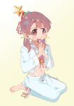  1girl absurdres avarangers blood blush brown_eyes brown_hair commentary_request earrings full_body gradient_background hair_ornament hair_ribbon hat highres jewelry long_hair long_skirt long_sleeves low_twintails mini_party_hat murosaki_miyo navel nosebleed onii-chan_wa_oshimai! open_mouth own_hands_clasped own_hands_together party_hat red_ribbon ribbon sailor_collar seiza shirt sitting skirt snowflake_hair_ornament solo stomach stud_earrings twintails white_sailor_collar white_shirt white_skirt wide_sleeves yellow_background 