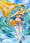  absurdres aqua_eyes aqua_hair arms_up asymmetrical_clothes bird engrish hatsune_miku highres long_hair madogawa open_mouth ranguage shoes shorts smile solo thighhighs translation_request twintails very_long_hair visor_cap vocaloid 