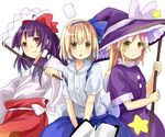  ahoge alice_margatroid alice_margatroid_(pc-98) blonde_hair blue_hairband blue_skirt child dress hair_ribbon hairband hakurei_reimu hakurei_reimu_(pc-98) hat japanese_clothes kirisame_marisa kirisame_marisa_(pc-98) long_hair miko multiple_girls mystic_square purple_dress purple_hair purple_hat red_eyes ribbon shirt short_hair skirt touhou touhou_(pc-98) white_shirt witch_hat yellow_eyes yuita 