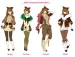  brown_eyes brown_hair earrings fashion gen_5_pokemon gloves jewelry leggings micho multiple_views necklace pantyhose personification pokemon sawsbuck seasons shawl thighhighs 