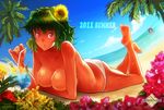  :o barefoot beach bikini_bottom blue_hawaii breast_rest breasts cleavage cocktail drinking_straw feet flower green_hair hair_flower hair_ornament hakurei_reimu kazami_yuuka large_breasts looking_at_viewer lying multiple_girls on_stomach open_mouth palm_tree swimsuit tamago_(yotsumi_works) tan topless touhou tree tropical_drink 