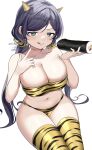  1girl animal_print aqua_eyes bikini breasts cleavage commentary_request ehoumaki food hair_ornament hair_scrunchie highres holding holding_food horns kazepana large_breasts long_hair love_live! love_live!_school_idol_project low_twintails makizushi naughty_face navel purple_hair scrunchie setsubun signature sitting smile solo sushi swimsuit thighs tiger_print tojo_nozomi twintails white_background 