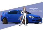 1girl alternate_hairstyle blue_eyes character_name commentary_request ear_ribbon grass_wonder_(umamusume) highres honda honda_integra jumpsuit long_hair long_sleeves looking_at_viewer ponytail racing_suit shoes smile standing twitter_username umamusume vehicle_focus vehicle_name white_shoes wonder589 