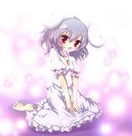  animal_ears barefoot bunny_ears bunny_tail cicin dress highres inaba_tewi red_eyes silver_hair solo tail touhou wavy_hair 