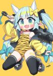  1girl :d animal_print black_thighhighs blue_hair bow club_(weapon) commentary_request fang green_eyes hair_bow highres holding holding_club holding_weapon horns jacket long_hair looking_at_viewer nanatsuta one-piece_swimsuit open_mouth original pointy_ears setsubun simple_background smile solo swimsuit thighhighs tiger_print twintails v-shaped_eyebrows weapon yellow_background yellow_bow yellow_jacket yellow_one-piece_swimsuit 