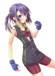  bike_shorts blue_eyes blue_hair fingerless_gloves gloves highres kaeru_(kaerism) original ruri_(kaeru314) side_ponytail simple_background solo sports_bra unzipped 