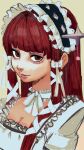  1girl absurdres aegyo_sal breasts choker cleavage closed_mouth dress english_commentary frilled_choker frilled_dress frills gothic_lolita hairband hatsuno highres hime_cut lolita_fashion lolita_hairband long_hair looking_at_viewer persona persona_3 red_eyes red_hair ribbon ribbon_choker simple_background solo upper_body white_choker white_dress white_ribbon yoshino_chidori 