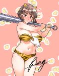  1girl absurdres animal_print bikini black_hair braid braided_bun breasts brown_eyes club_(weapon) commentary_request cone_horns disembodied_hand fake_horns furaggu_(frag_0416) hair_bun highres holding holding_club holding_weapon horns kanabou kantai_collection large_breasts myoukou_(kancolle) navel oni_costume short_hair spiked_club strapless strapless_bikini swimsuit tiger_print weapon 