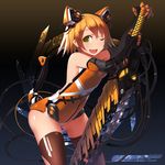  ;d animal_ears arched_back bad_id bad_pixiv_id bare_shoulders black_legwear blonde_hair blush bodysuit brown_hair cable chainsaw elbow_gloves fang gloves highres looking_at_viewer mecha_musume one_eye_closed open_mouth original robot_ears short_hair smile solo sword tail thighhighs weapon yellow_eyes zenn 