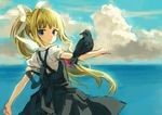  air ama-tou bird black_dress blonde_hair blue_eyes blue_sky cloud crow day dress hair_ribbon kamio_misuzu long_hair looking_back ocean outstretched_arms ponytail raven_(animal) ribbon school_uniform shirt sky smile solo sora_(air) very_long_hair 